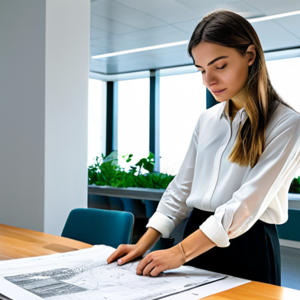 **

"A young professional architect, fully clothed in a modest, stylish outfit (blouse and dress pants), reviewing blueprints in a bright, modern architectural office in Barcelona, Spain. Natural lighting, plants in the background. Safe for work, appropriate content, professional setting, perfect anatomy, correct proportions, well-formed hands, natural pose, high resolution, detailed."

**