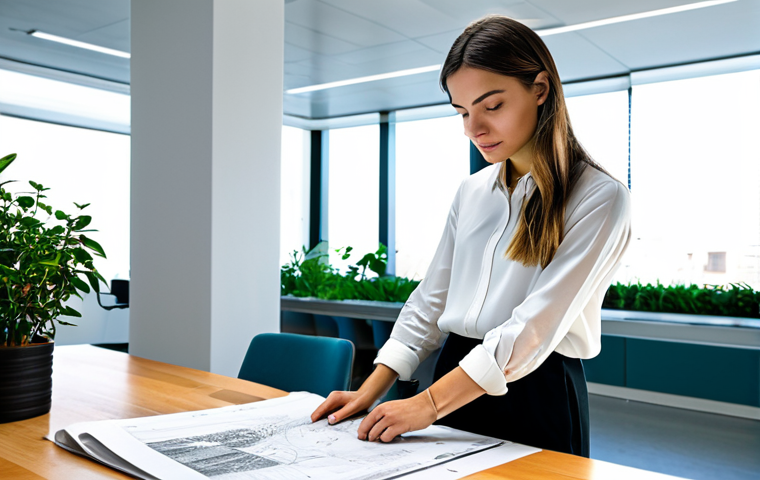 **

"A young professional architect, fully clothed in a modest, stylish outfit (blouse and dress pants), reviewing blueprints in a bright, modern architectural office in Barcelona, Spain. Natural lighting, plants in the background. Safe for work, appropriate content, professional setting, perfect anatomy, correct proportions, well-formed hands, natural pose, high resolution, detailed."

**