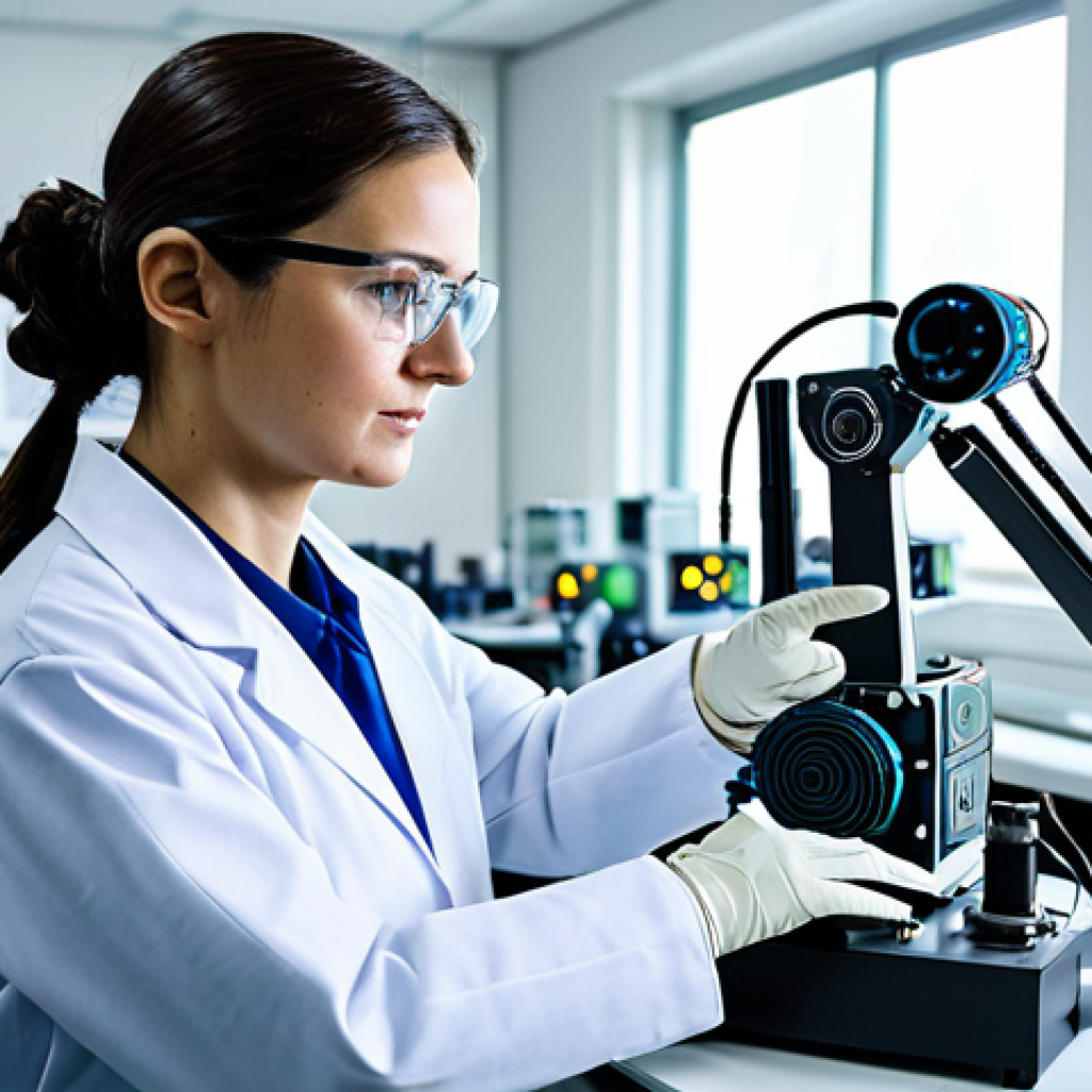**Prompt:** A professional female engineer, fully clothed in a lab coat and safety glasses, working on a complex robot arm in a brightly lit, modern laboratory. Background includes oscilloscopes and circuit boards. Perfect anatomy, correct proportions, well-formed hands, appropriate attire, safe for work, professional, modest clothing, high quality.