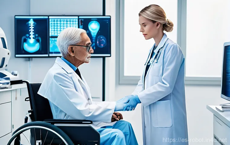 로봇 머신러닝 - **Prompt:** A futuristic, sterile, and brightly lit medical facility interior. In the foreground, a ...