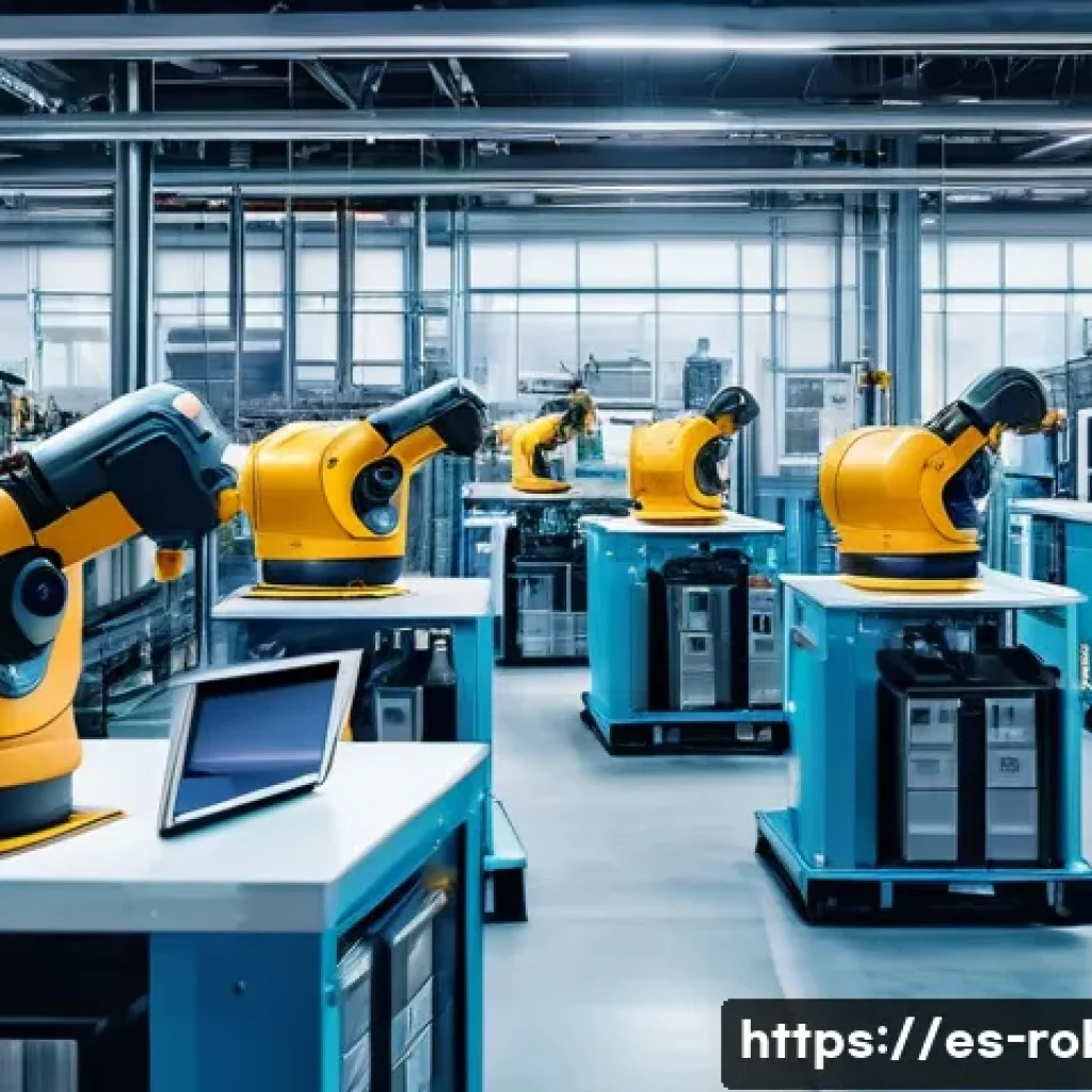 로봇공학 연구 동향 - A futuristic smart factory scene showcasing collaborative robots (cobots) working side by side with ...