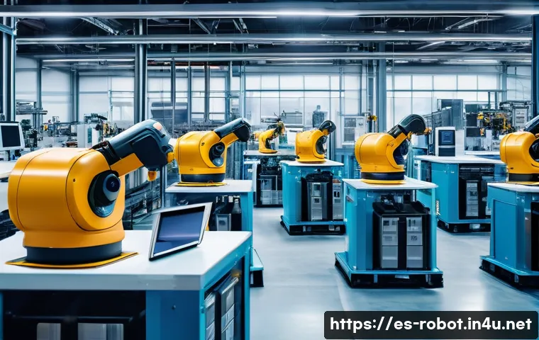 로봇공학 연구 동향 - A futuristic smart factory scene showcasing collaborative robots (cobots) working side by side with ...
