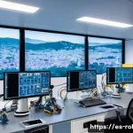 로봇공학 주요 개념 - A highly detailed scene of a modern robotics laboratory in Spain, featuring engineers programming ro...