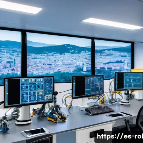 로봇공학 주요 개념 - A highly detailed scene of a modern robotics laboratory in Spain, featuring engineers programming ro...