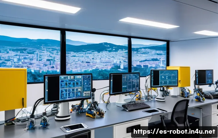 로봇공학 주요 개념 - A highly detailed scene of a modern robotics laboratory in Spain, featuring engineers programming ro...