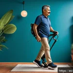 로봇이 적용된 장애인 보조 기술 - A detailed scene showing a middle-aged Hispanic man using a personalized adaptive exoskeleton at hom...