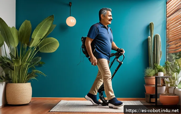 로봇이 적용된 장애인 보조 기술 - A detailed scene showing a middle-aged Hispanic man using a personalized adaptive exoskeleton at hom...