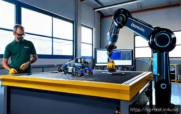 Home 30 로봇 지능형 시스템 - Photorealistic intelligent robotic system in a modern Spanish manufacturing workshop, a collaborativ...
