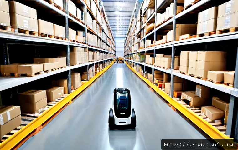 로봇과 자율 로봇 군단 - Photorealistic wide-angle view of a coordinated autonomous robot fleet moving through a modern Spani...