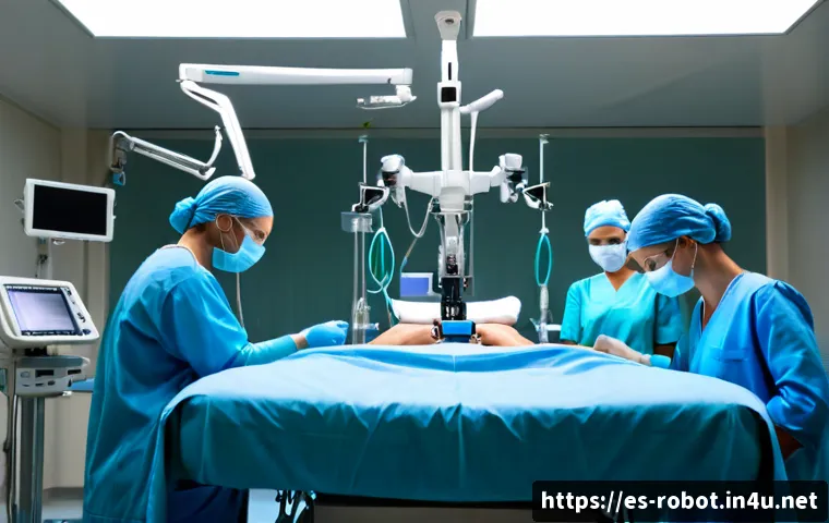 의료용 로봇 - Photorealistic modern hospital operating room in Spain, a sleek medical surgical robot with multiple...