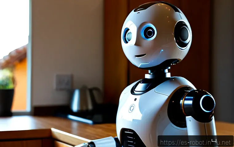 로봇 음성 인식 기술 - Photorealistic close-up of a friendly home assistant robot on a clean sunlit kitchen counter, its su...